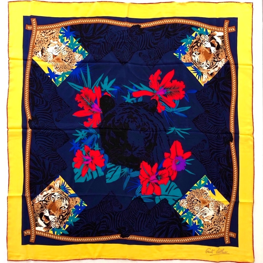 Vintage Gant Gaither Colorful Tigers Print Silk Rare Art to Wear Scarf Rare